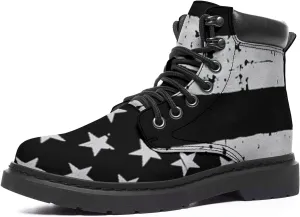 USA Flag American Patriotic Boots, Custom Bike Booties with Name, Stars Stripes Lace up Leather Ankle Combat Boot for Women Men