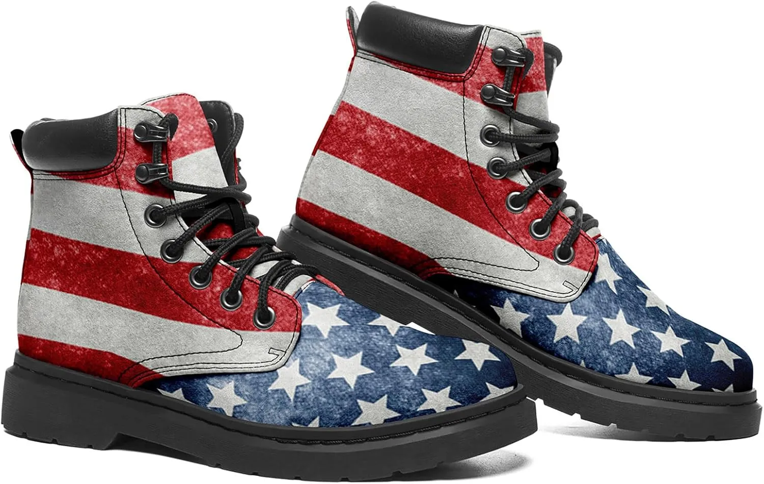 USA Flag American Patriotic Boots, Custom Bike Booties with Name, Stars Stripes Lace up Leather Ankle Combat Boot for Women Men