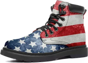 USA Flag American Patriotic Boots, Custom Bike Booties with Name, Stars Stripes Lace up Leather Ankle Combat Boot for Women Men
