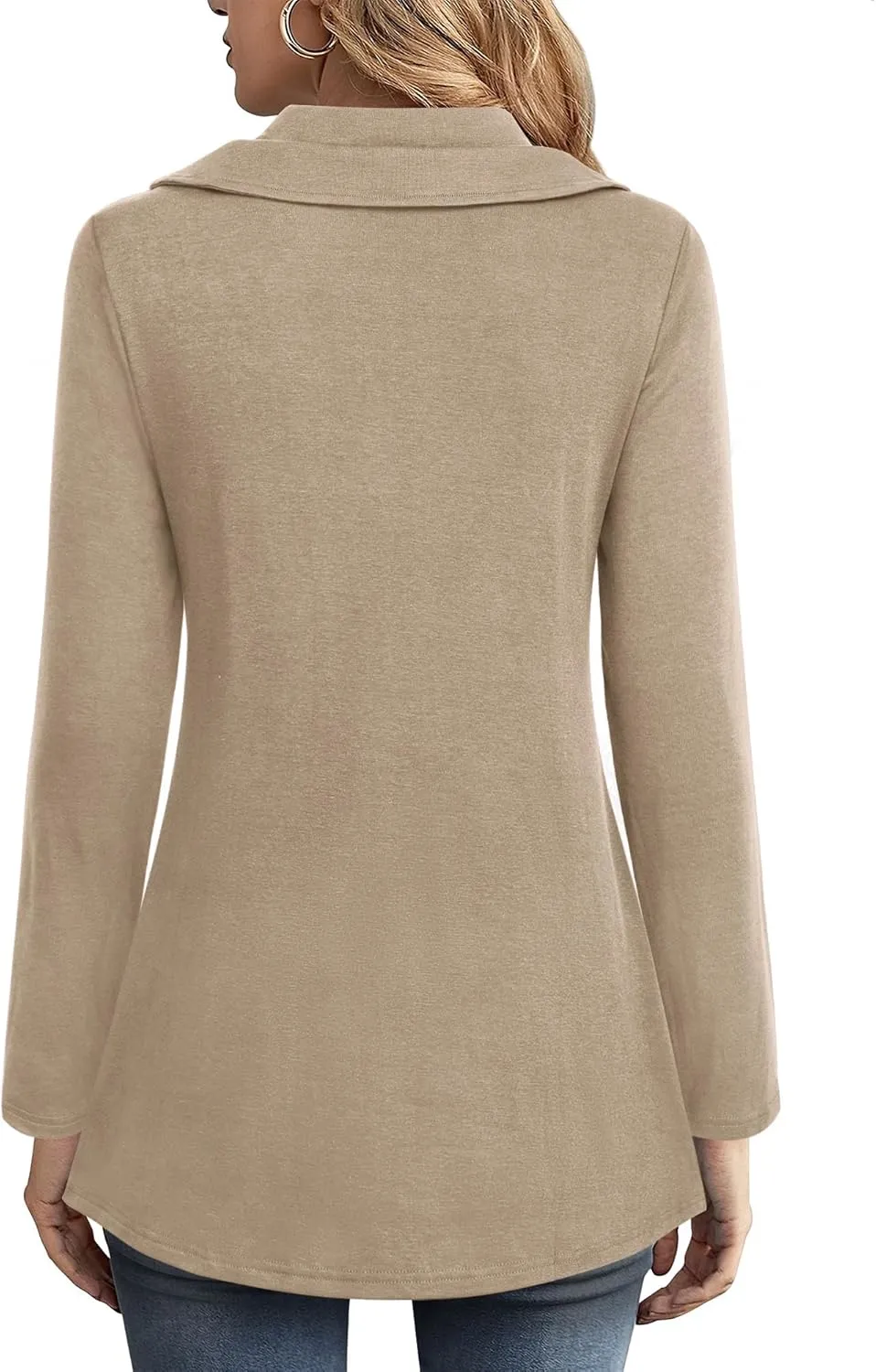 VALOLIA Womens Long Sleeve Tops Fall Winter Buttons Side Tulip Hem Lapel Pullover Sweatshirt