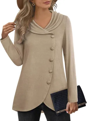 VALOLIA Womens Long Sleeve Tops Fall Winter Buttons Side Tulip Hem Lapel Pullover Sweatshirt