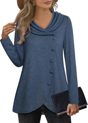 VALOLIA Womens Long Sleeve Tops Fall Winter Buttons Side Tulip Hem Lapel Pullover Sweatshirt