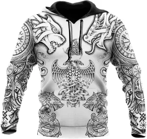 Viking Tattoo Unisex Hoodies 3D Print Norse Mythology Pullover Hooded Sweatshirt Hoodies with Big Pockets Gifts for Men