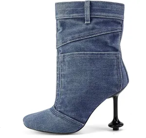 Vintage Denim Stiletto High Heeled Cowboy Pockets Boots for Women, Mid Wide Calf Round Toe with Metal Button for Fashion Dress Booties