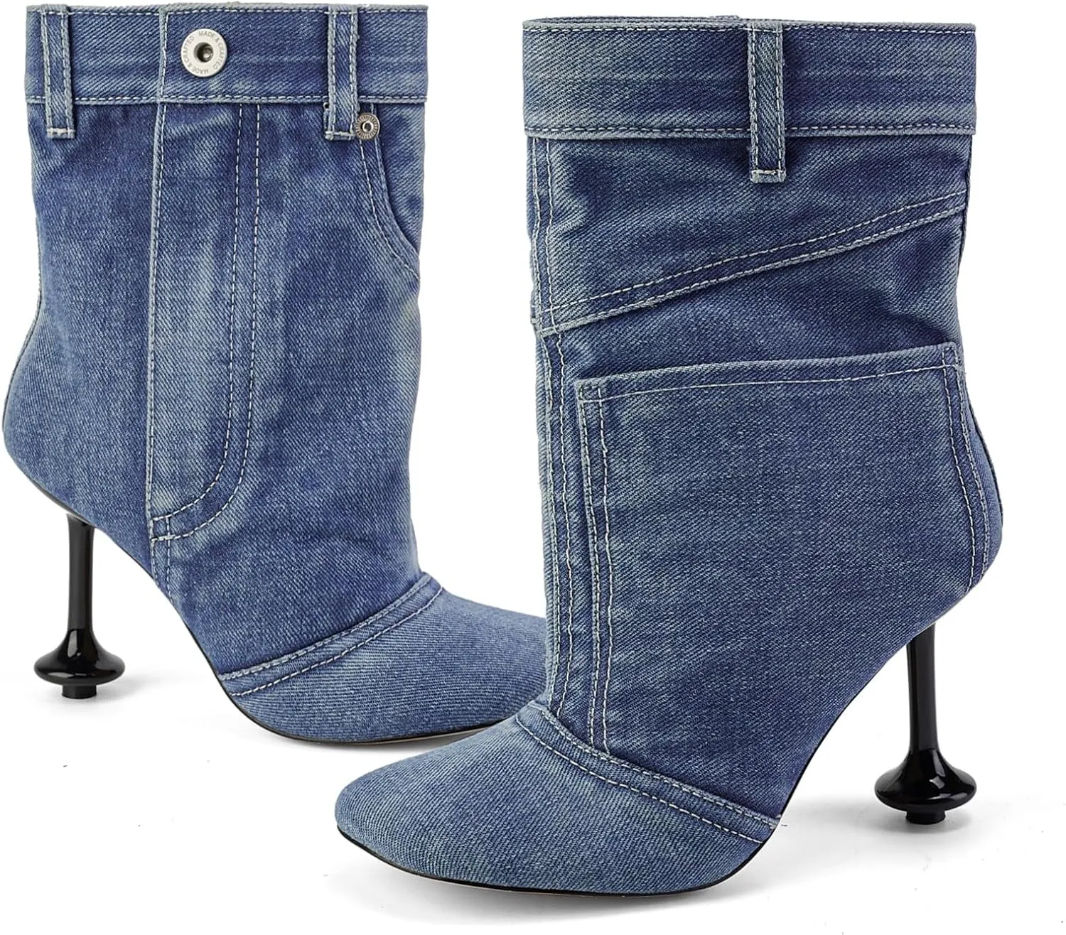 Vintage Denim Stiletto High Heeled Cowboy Pockets Boots for Women, Mid Wide Calf Round Toe with Metal Button for Fashion Dress Booties