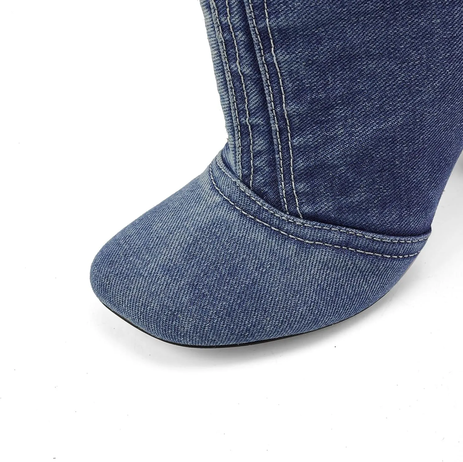 Vintage Denim Stiletto High Heeled Cowboy Pockets Boots for Women, Mid Wide Calf Round Toe with Metal Button for Fashion Dress Booties