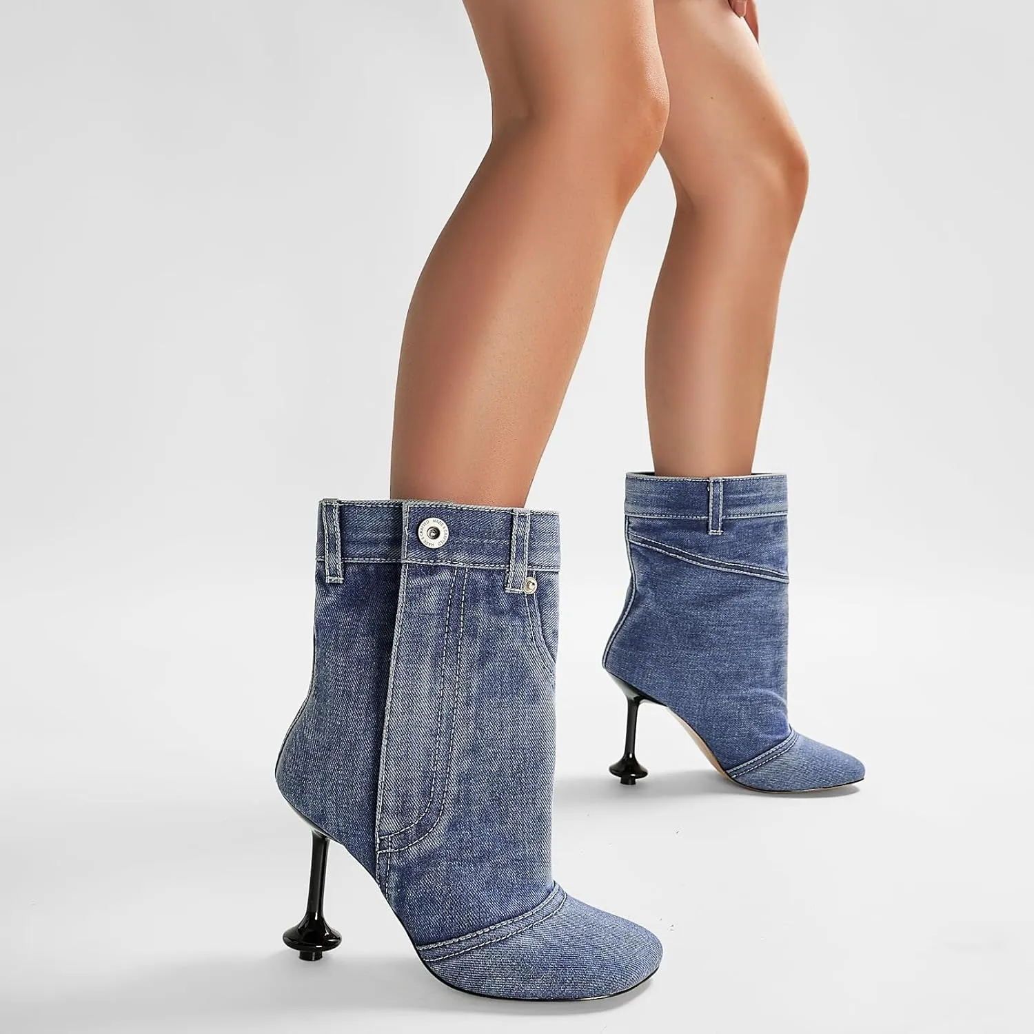 Vintage Denim Stiletto High Heeled Cowboy Pockets Boots for Women, Mid Wide Calf Round Toe with Metal Button for Fashion Dress Booties