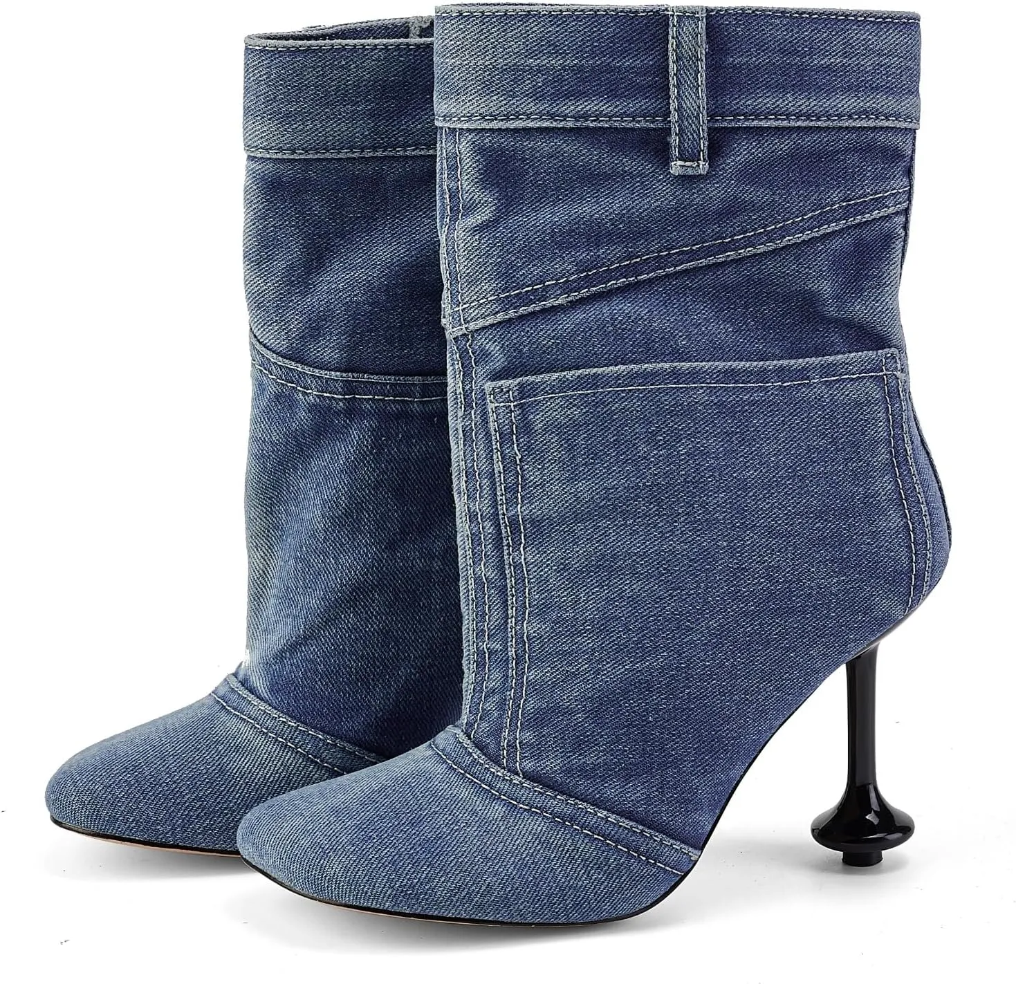 Vintage Denim Stiletto High Heeled Cowboy Pockets Boots for Women, Mid Wide Calf Round Toe with Metal Button for Fashion Dress Booties