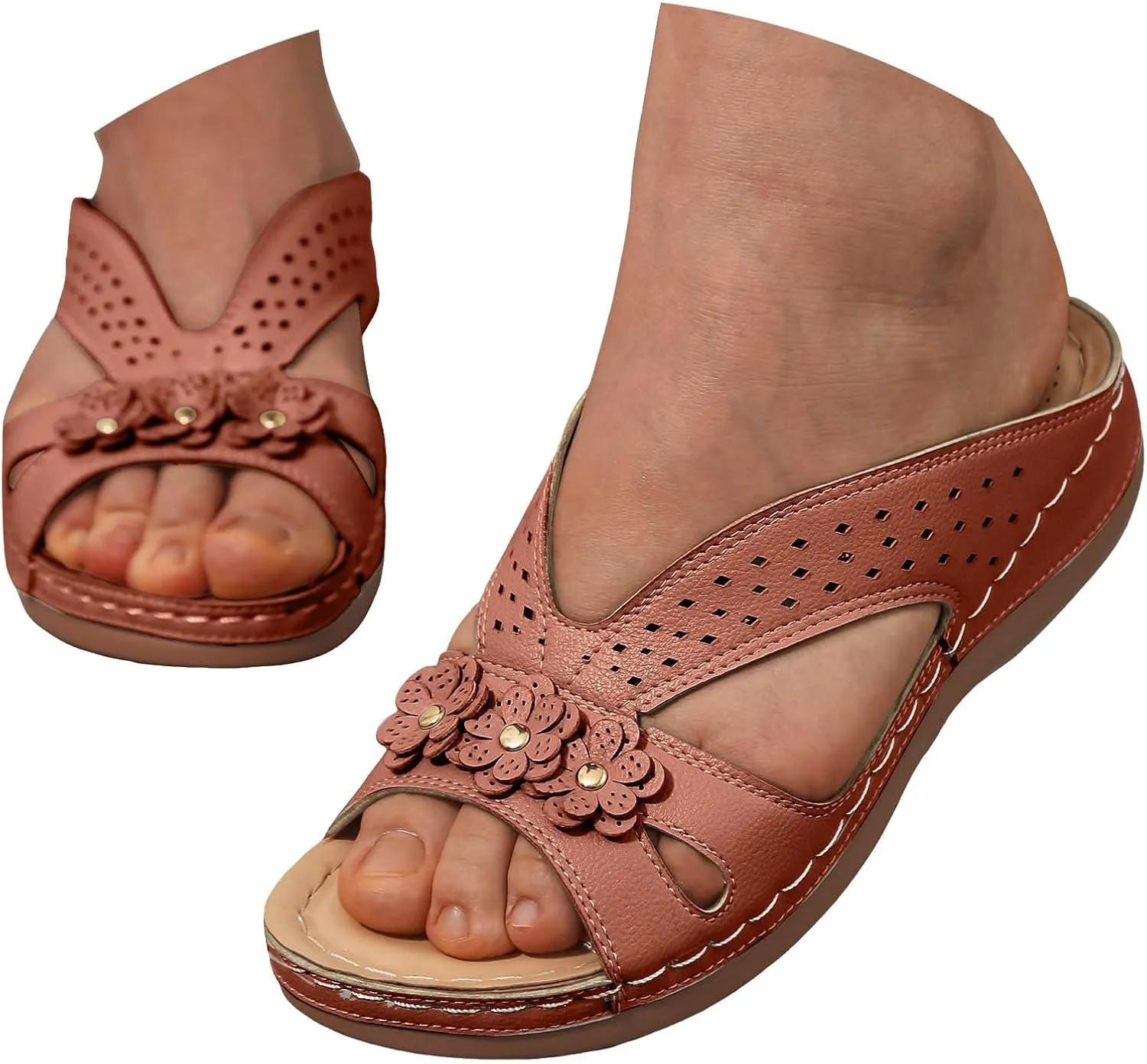 Walking Sandals Women Arch Support, Women Dressy Comfortable Slip On Flat Sandals Summer Open Toe Memory Foam Wedges Casual Slippers Boho Beach Summer Slides