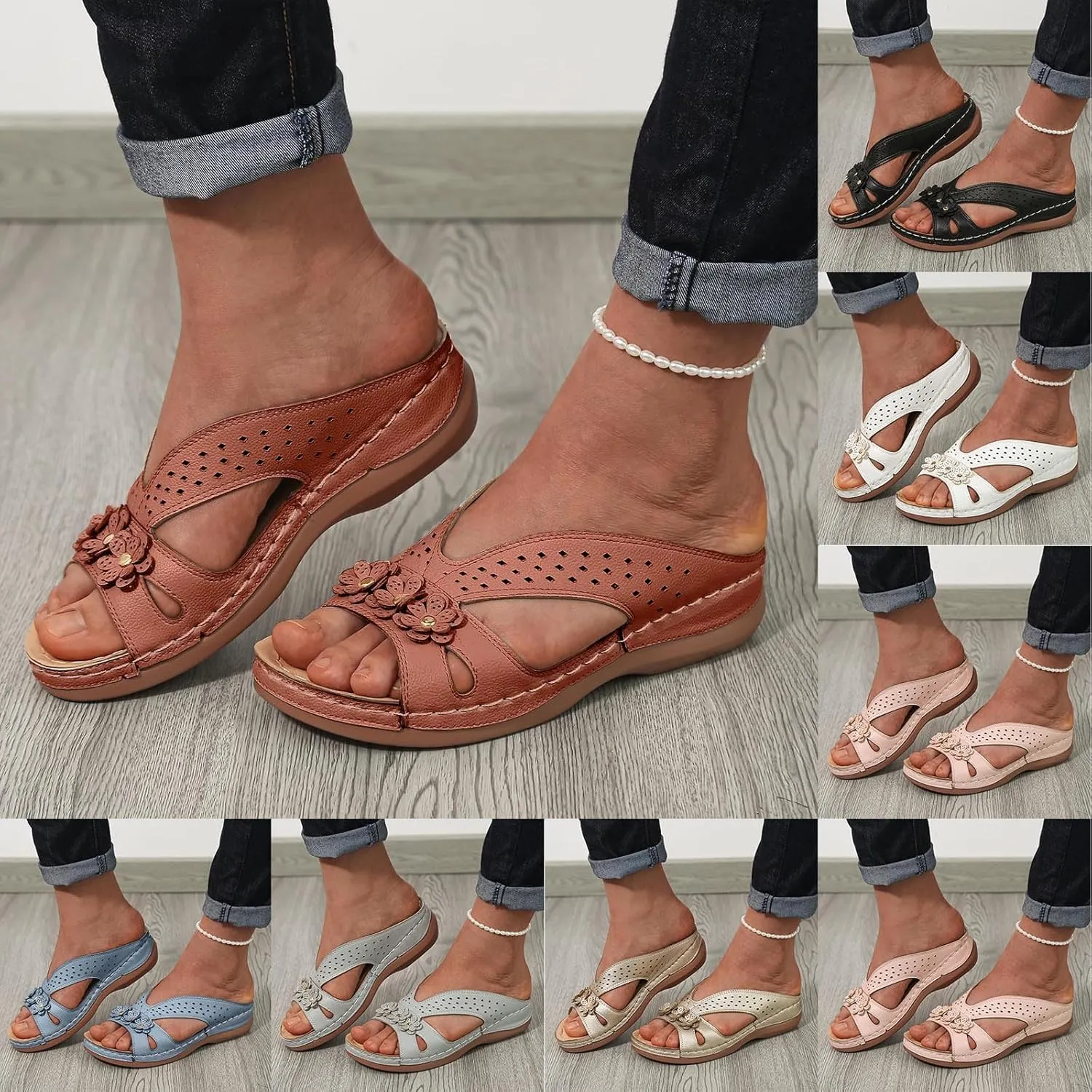 Walking Sandals Women Arch Support, Women Dressy Comfortable Slip On Flat Sandals Summer Open Toe Memory Foam Wedges Casual Slippers Boho Beach Summer Slides