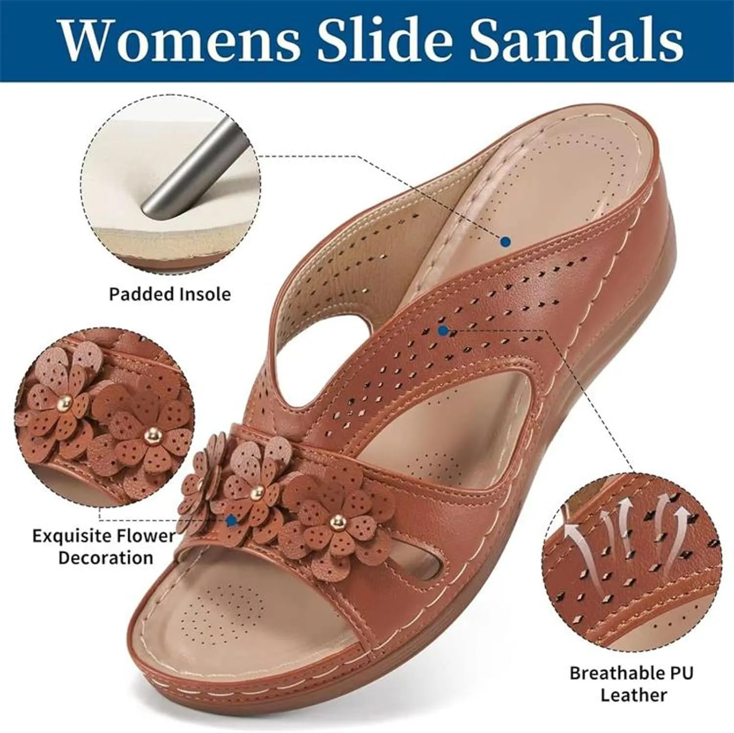 Walking Sandals Women Arch Support, Women Dressy Comfortable Slip On Flat Sandals Summer Open Toe Memory Foam Wedges Casual Slippers Boho Beach Summer Slides