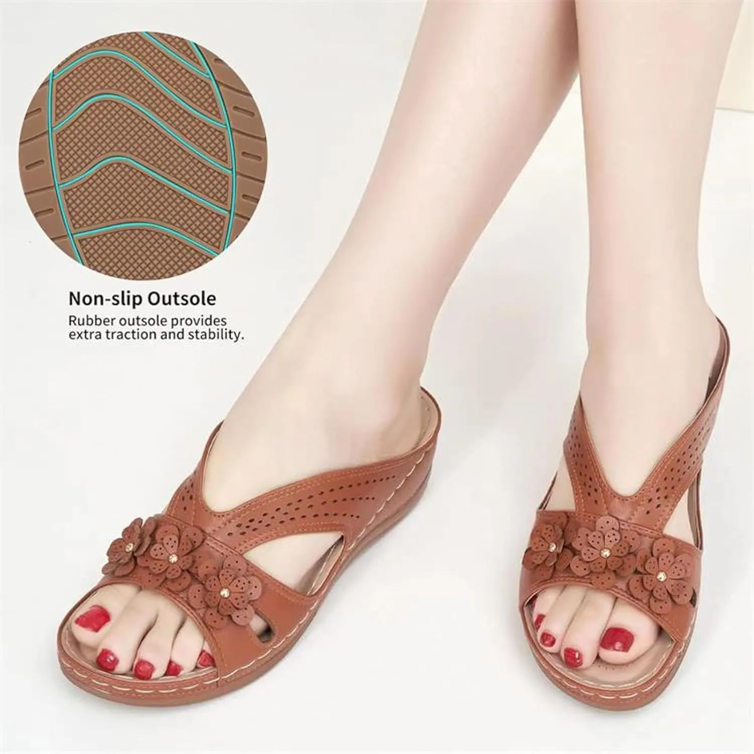 Walking Sandals Women Arch Support, Women Dressy Comfortable Slip On Flat Sandals Summer Open Toe Memory Foam Wedges Casual Slippers Boho Beach Summer Slides