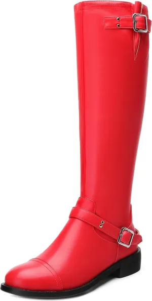 WAYDERNS Knee High Boots for Women Low Heel Round Toe 1 Inch Tall Boots Zipper Comfortable Riding Party Fall Winter Boots