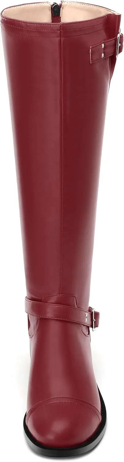 WAYDERNS Knee High Boots for Women Low Heel Round Toe 1 Inch Tall Boots Zipper Comfortable Riding Party Fall Winter Boots