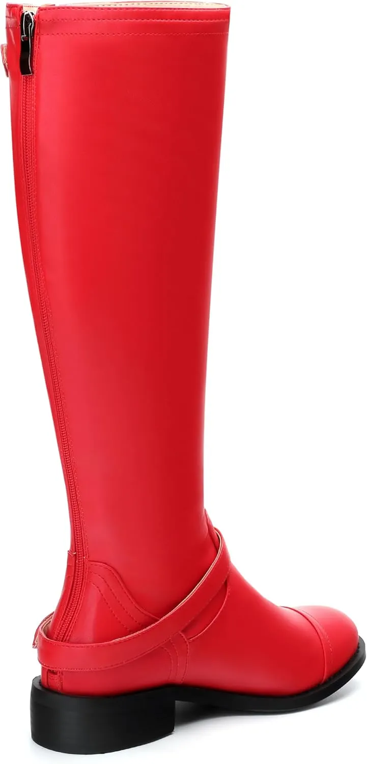 WAYDERNS Knee High Boots for Women Low Heel Round Toe 1 Inch Tall Boots Zipper Comfortable Riding Party Fall Winter Boots