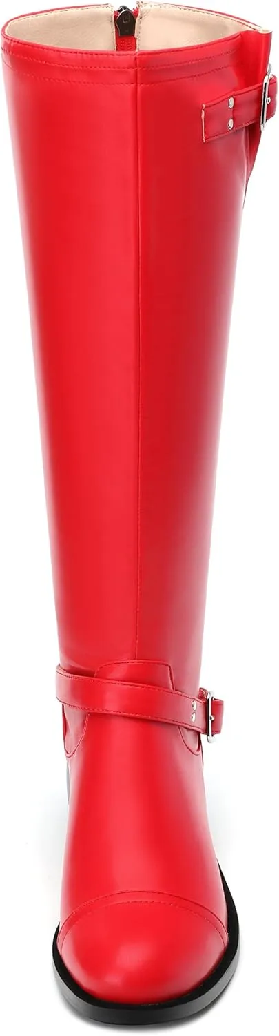 WAYDERNS Knee High Boots for Women Low Heel Round Toe 1 Inch Tall Boots Zipper Comfortable Riding Party Fall Winter Boots