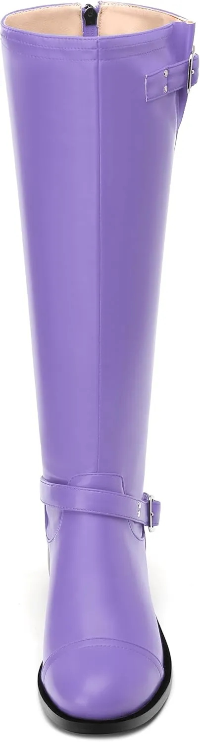WAYDERNS Knee High Boots for Women Low Heel Round Toe 1 Inch Tall Boots Zipper Comfortable Riding Party Fall Winter Boots