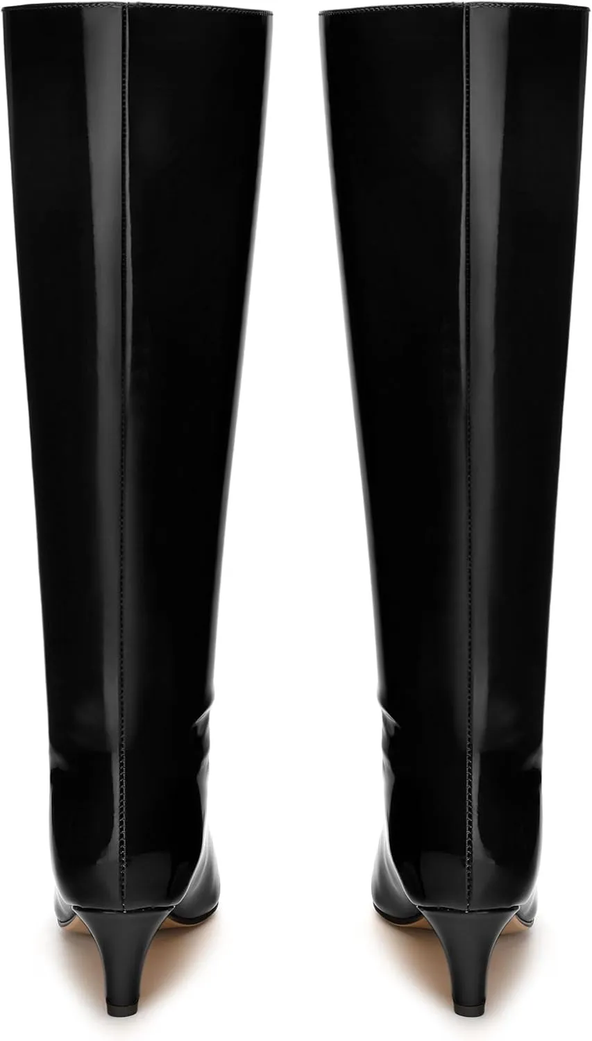 WAYDERNS Knee High Boots for Women Patent Kitten Low Heels Square Toe 2 Inch Long Boots Classic Casual Prom Party Dating Pull on Fall Dress Shoes