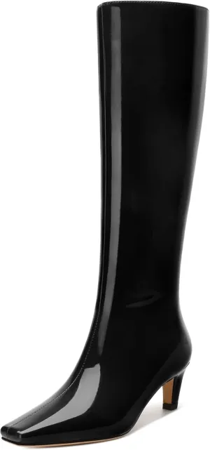 WAYDERNS Knee High Boots for Women Patent Kitten Low Heels Square Toe 2 Inch Long Boots Classic Casual Prom Party Dating Pull on Fall Dress Shoes