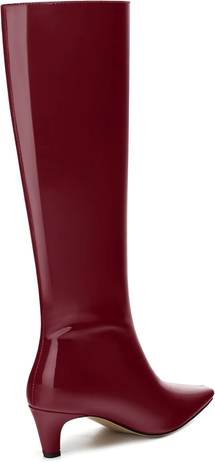 WAYDERNS Knee High Boots for Women Patent Kitten Low Heels Square Toe 2 Inch Long Boots Classic Casual Prom Party Dating Pull on Fall Dress Shoes