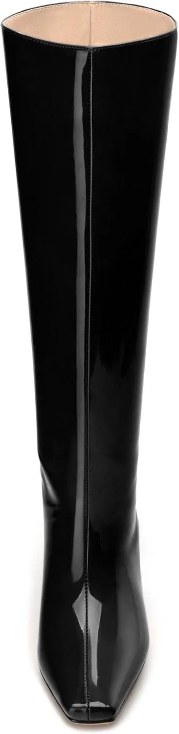 WAYDERNS Knee High Boots for Women Patent Kitten Low Heels Square Toe 2 Inch Long Boots Classic Casual Prom Party Dating Pull on Fall Dress Shoes