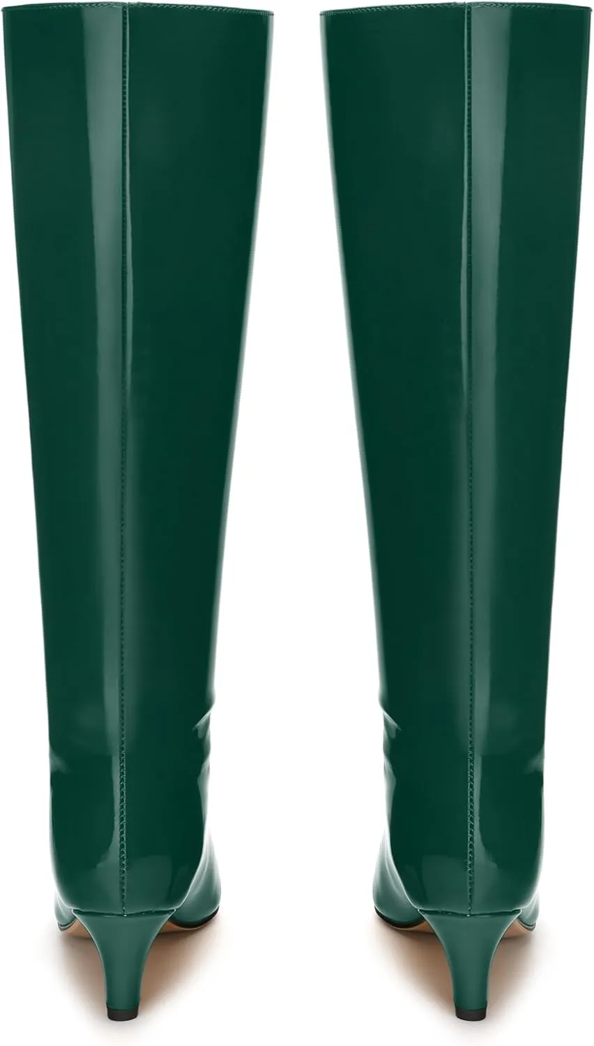 WAYDERNS Knee High Boots for Women Patent Kitten Low Heels Square Toe 2 Inch Long Boots Classic Casual Prom Party Dating Pull on Fall Dress Shoes