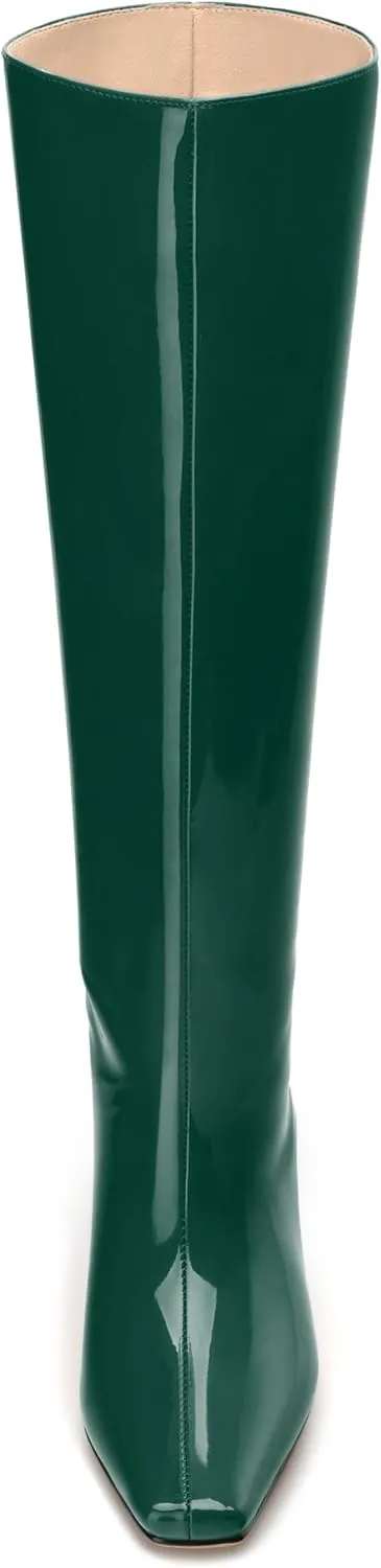 WAYDERNS Knee High Boots for Women Patent Kitten Low Heels Square Toe 2 Inch Long Boots Classic Casual Prom Party Dating Pull on Fall Dress Shoes