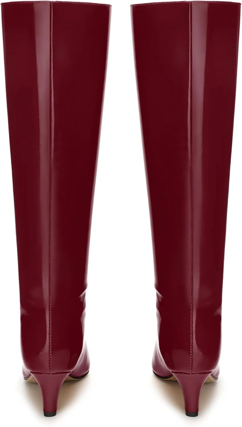 WAYDERNS Knee High Boots for Women Patent Kitten Low Heels Square Toe 2 Inch Long Boots Classic Casual Prom Party Dating Pull on Fall Dress Shoes