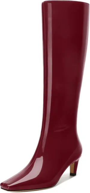 WAYDERNS Knee High Boots for Women Patent Kitten Low Heels Square Toe 2 Inch Long Boots Classic Casual Prom Party Dating Pull on Fall Dress Shoes