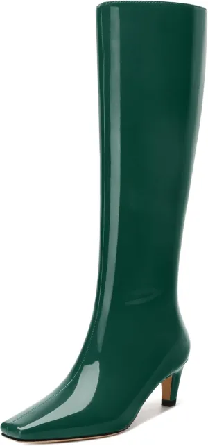 WAYDERNS Knee High Boots for Women Patent Kitten Low Heels Square Toe 2 Inch Long Boots Classic Casual Prom Party Dating Pull on Fall Dress Shoes