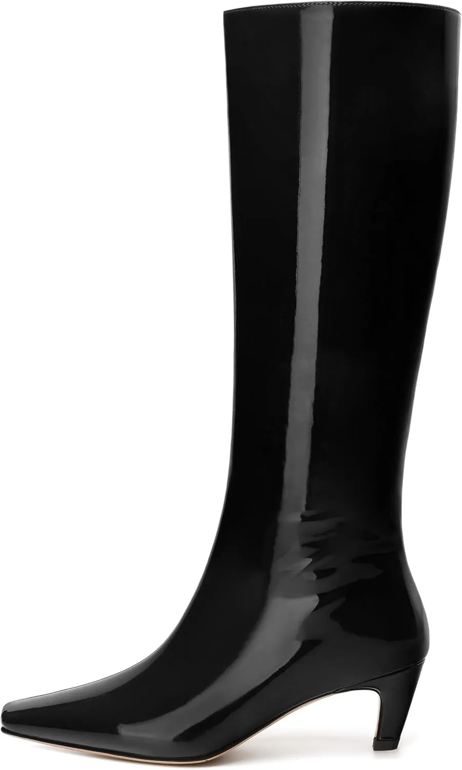 WAYDERNS Knee High Boots for Women Patent Kitten Low Heels Square Toe 2 Inch Long Boots Classic Casual Prom Party Dating Pull on Fall Dress Shoes