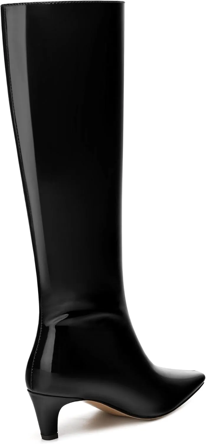 WAYDERNS Knee High Boots for Women Patent Kitten Low Heels Square Toe 2 Inch Long Boots Classic Casual Prom Party Dating Pull on Fall Dress Shoes