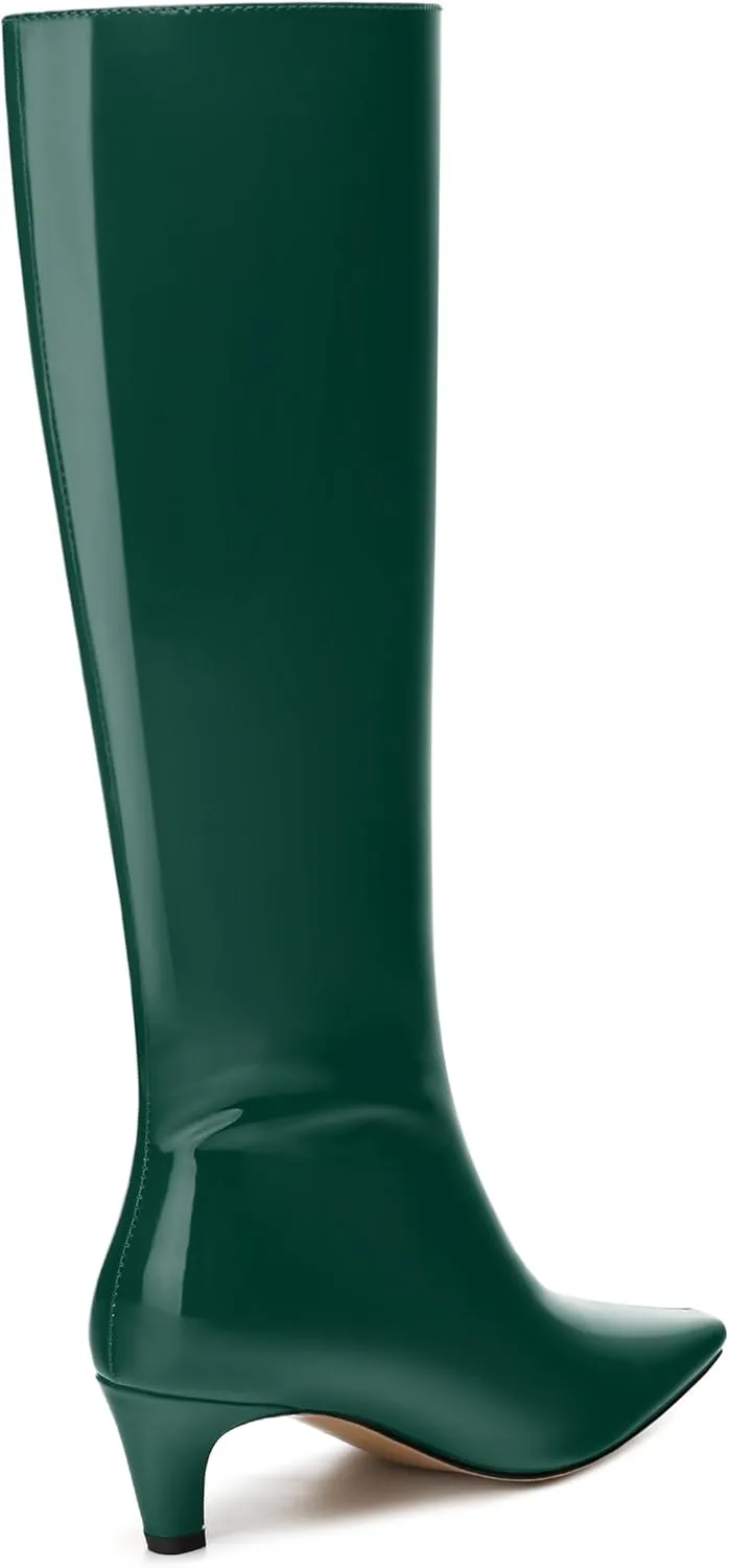 WAYDERNS Knee High Boots for Women Patent Kitten Low Heels Square Toe 2 Inch Long Boots Classic Casual Prom Party Dating Pull on Fall Dress Shoes