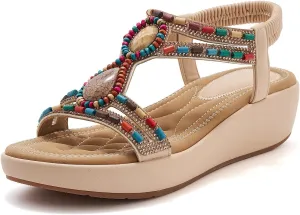 Wedge Sandals for Women Summer Bohemian Rhinestone Beaded Open Toe Platform Sandals Elastic Ankle Strap Comfortable Casual Shoes