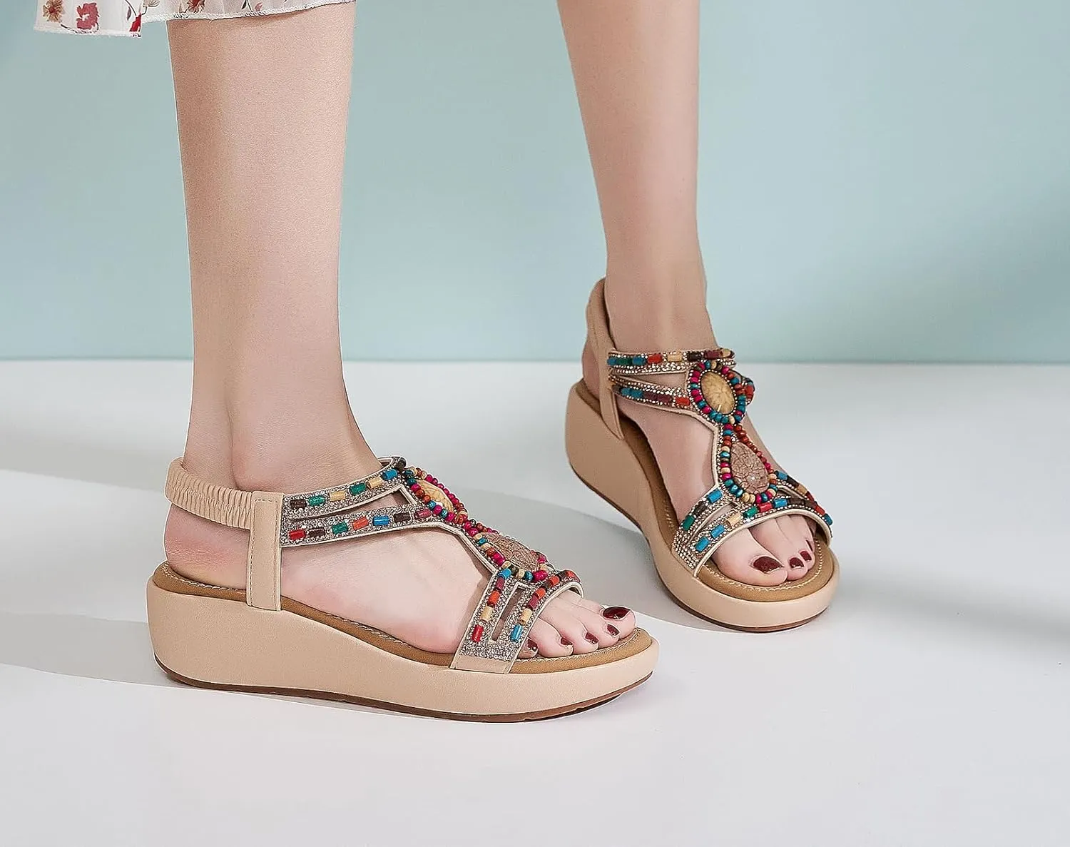 Wedge Sandals for Women Summer Bohemian Rhinestone Beaded Open Toe Platform Sandals Elastic Ankle Strap Comfortable Casual Shoes