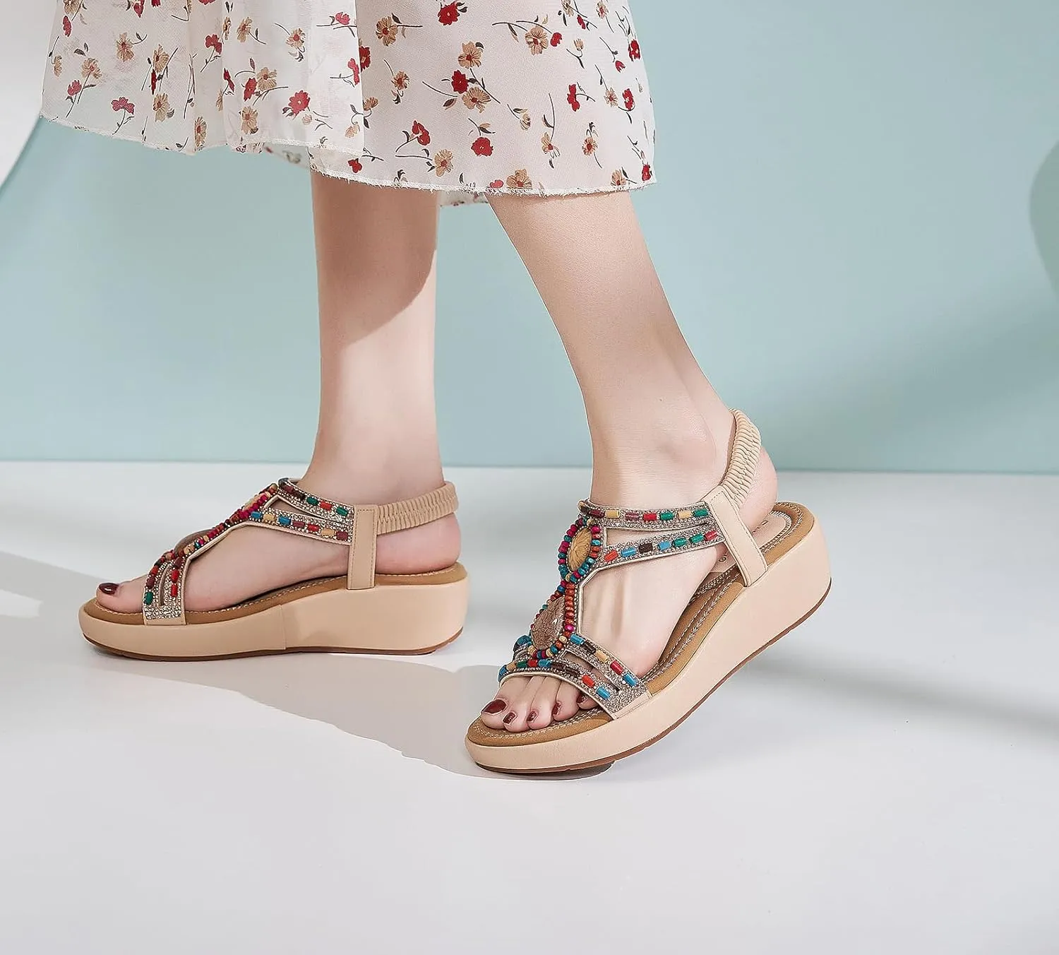 Wedge Sandals for Women Summer Bohemian Rhinestone Beaded Open Toe Platform Sandals Elastic Ankle Strap Comfortable Casual Shoes