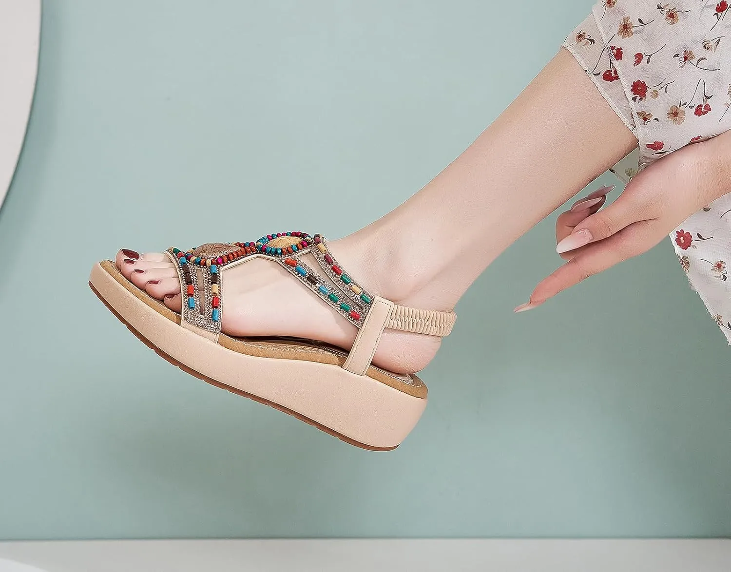 Wedge Sandals for Women Summer Bohemian Rhinestone Beaded Open Toe Platform Sandals Elastic Ankle Strap Comfortable Casual Shoes