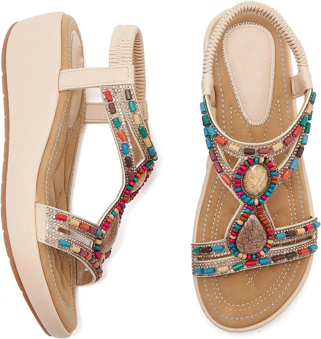 Wedge Sandals for Women Summer Bohemian Rhinestone Beaded Open Toe Platform Sandals Elastic Ankle Strap Comfortable Casual Shoes