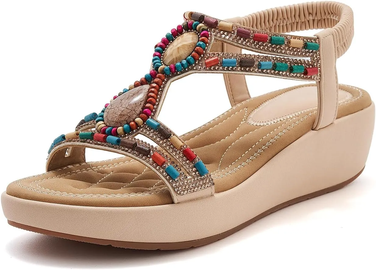 Wedge Sandals for Women Summer Bohemian Rhinestone Beaded Open Toe Platform Sandals Elastic Ankle Strap Comfortable Casual Shoes