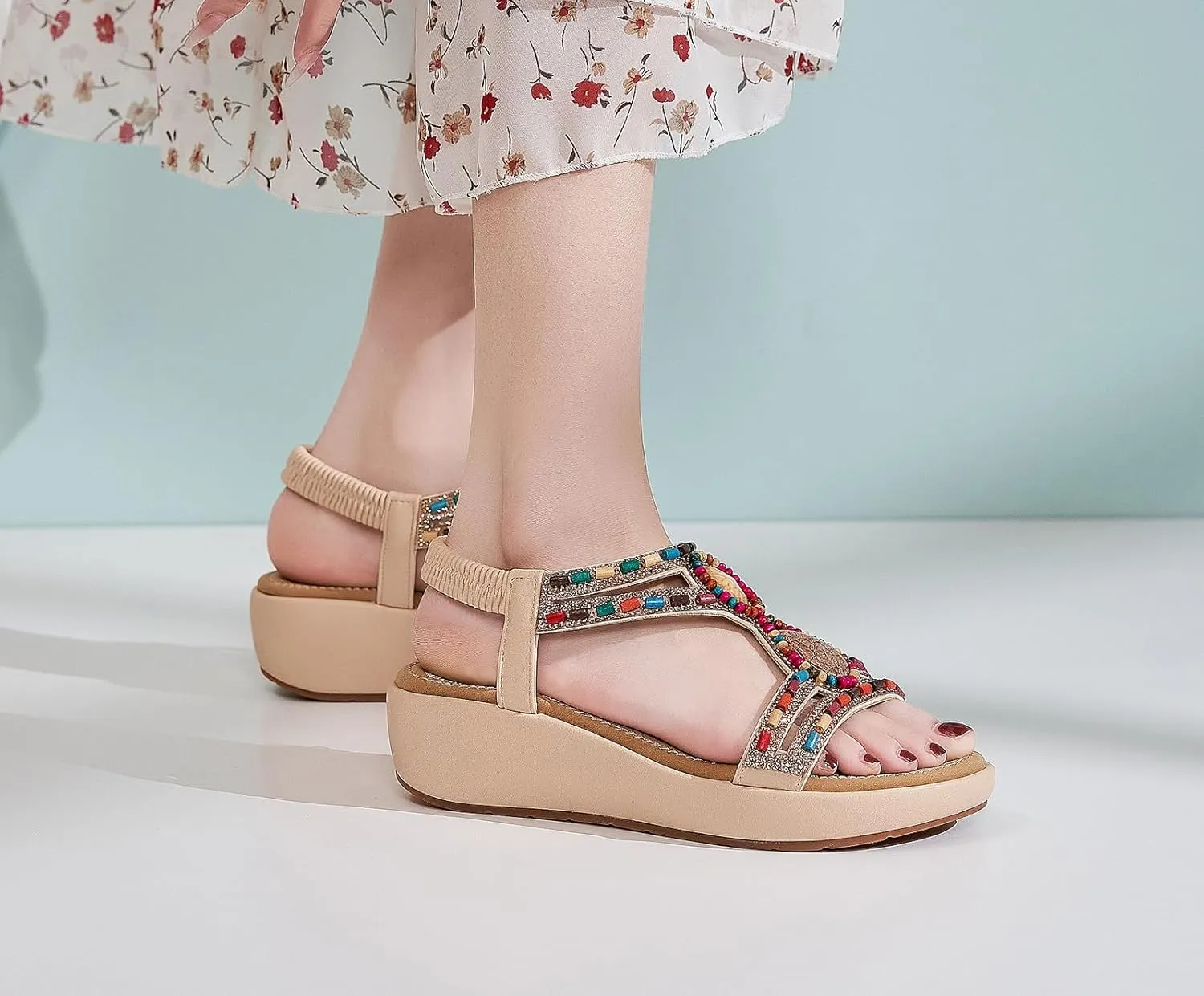 Wedge Sandals for Women Summer Bohemian Rhinestone Beaded Open Toe Platform Sandals Elastic Ankle Strap Comfortable Casual Shoes