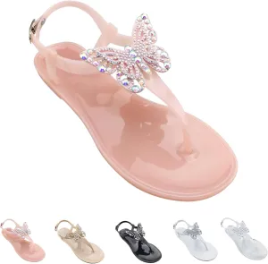 WENOREG Women's Rhinestone Bow Clear Flat Thong Sandals,Summer Fashion T-Strap Adjustable Ankle Buckle Comfortable Slip On Casual Beach Water Proof Jelly Flip Flop Shoes Sandals