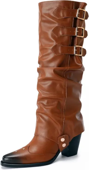 Western Cowboy Knee High Boots for Women, and Chunky Sole Block Heel Pointed Toe Two-ways Wear Tall Shoes, and Soft Vintage Antique Burnished PU Leather Classic Retro Long Boots