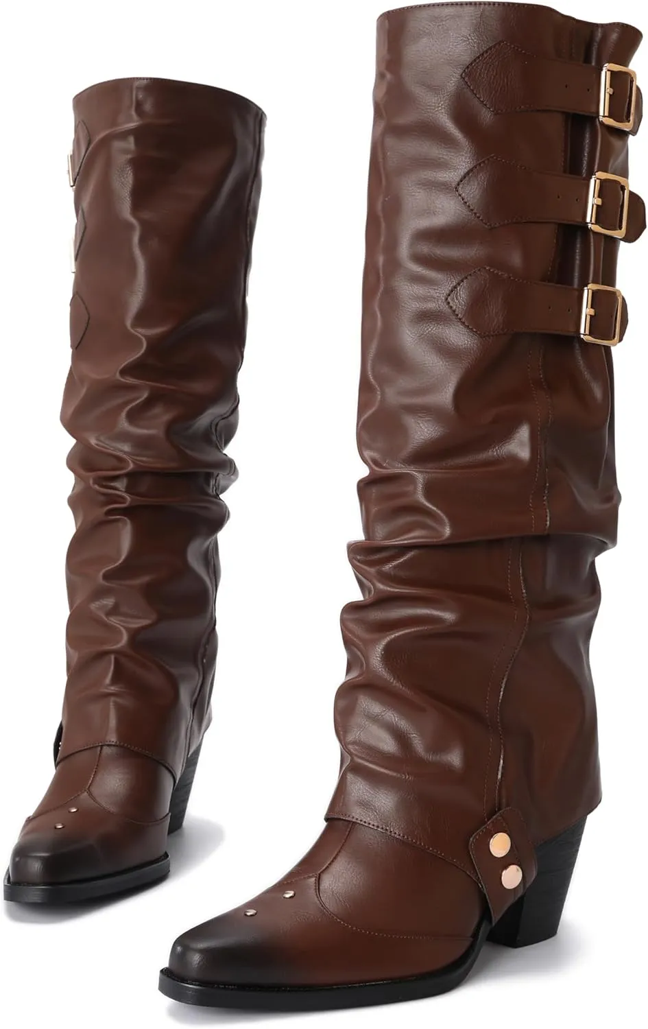 Western Cowboy Knee High Boots for Women, and Chunky Sole Block Heel Pointed Toe Two-ways Wear Tall Shoes, and Soft Vintage Antique Burnished PU Leather Classic Retro Long Boots