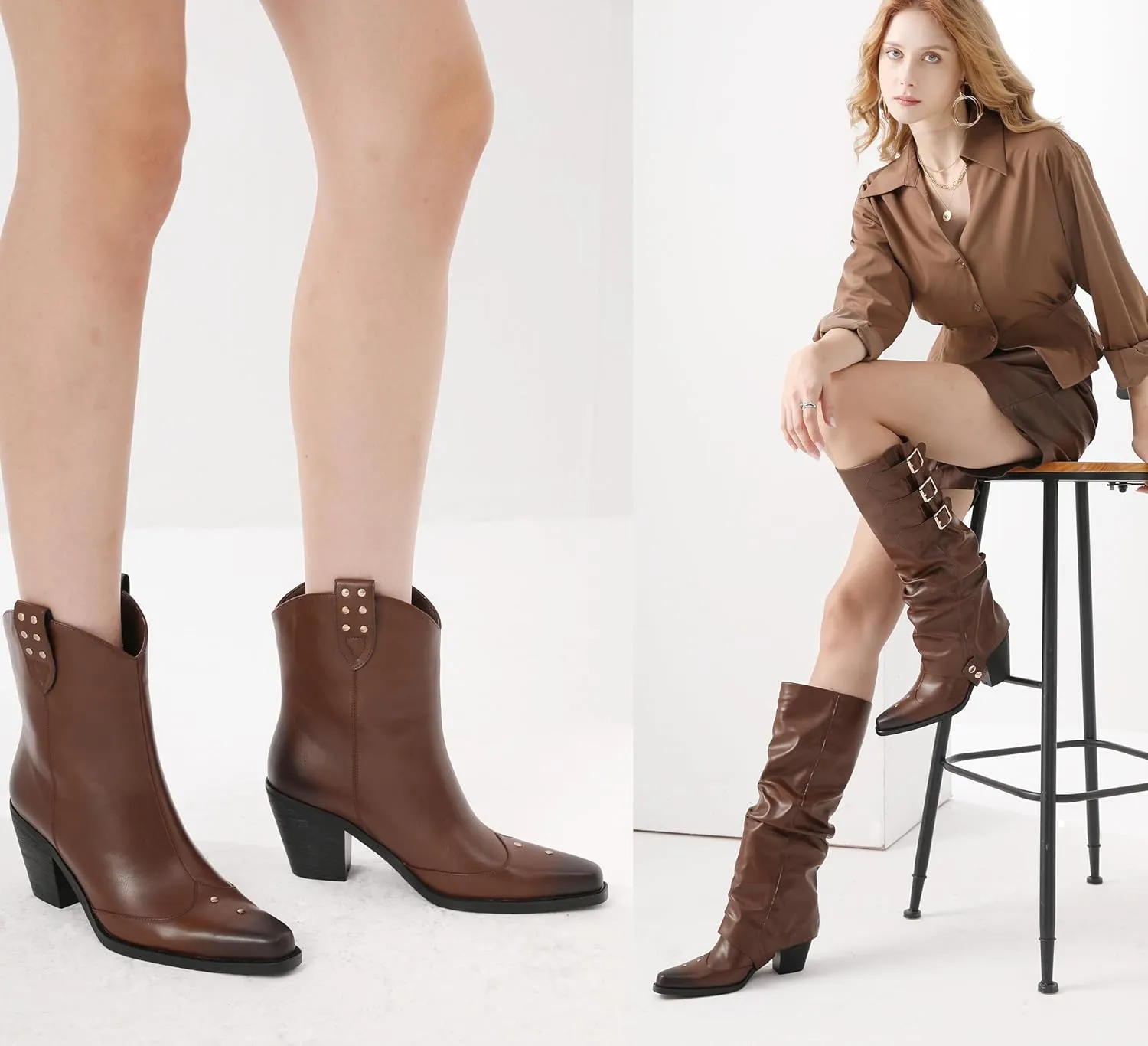 Western Cowboy Knee High Boots for Women, and Chunky Sole Block Heel Pointed Toe Two-ways Wear Tall Shoes, and Soft Vintage Antique Burnished PU Leather Classic Retro Long Boots