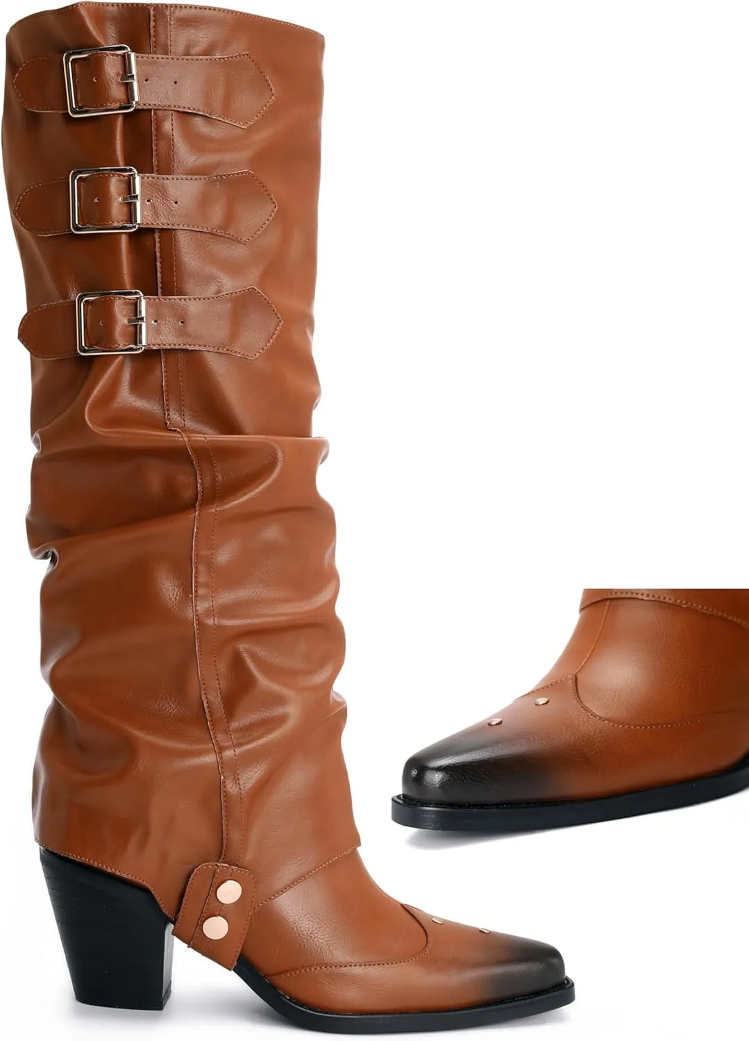 Western Cowboy Knee High Boots for Women, and Chunky Sole Block Heel Pointed Toe Two-ways Wear Tall Shoes, and Soft Vintage Antique Burnished PU Leather Classic Retro Long Boots
