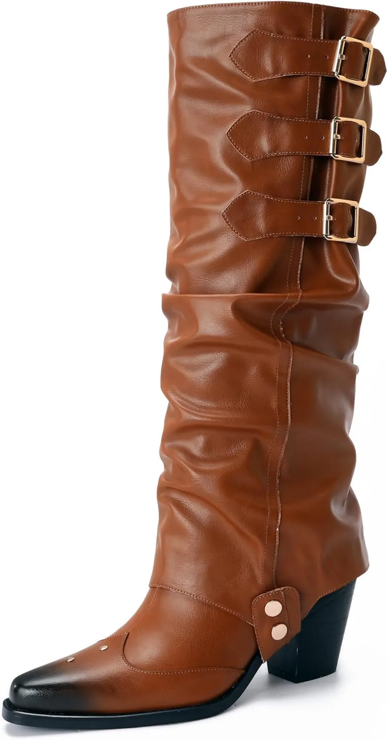 Western Cowboy Knee High Boots for Women, and Chunky Sole Block Heel Pointed Toe Two-ways Wear Tall Shoes, and Soft Vintage Antique Burnished PU Leather Classic Retro Long Boots