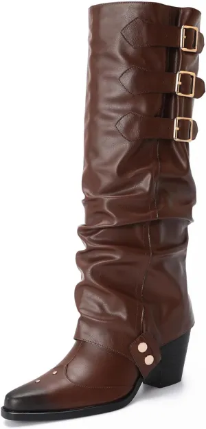 Western Cowboy Knee High Boots for Women, and Chunky Sole Block Heel Pointed Toe Two-ways Wear Tall Shoes, and Soft Vintage Antique Burnished PU Leather Classic Retro Long Boots