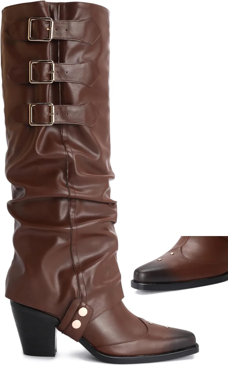 Western Cowboy Knee High Boots for Women, and Chunky Sole Block Heel Pointed Toe Two-ways Wear Tall Shoes, and Soft Vintage Antique Burnished PU Leather Classic Retro Long Boots
