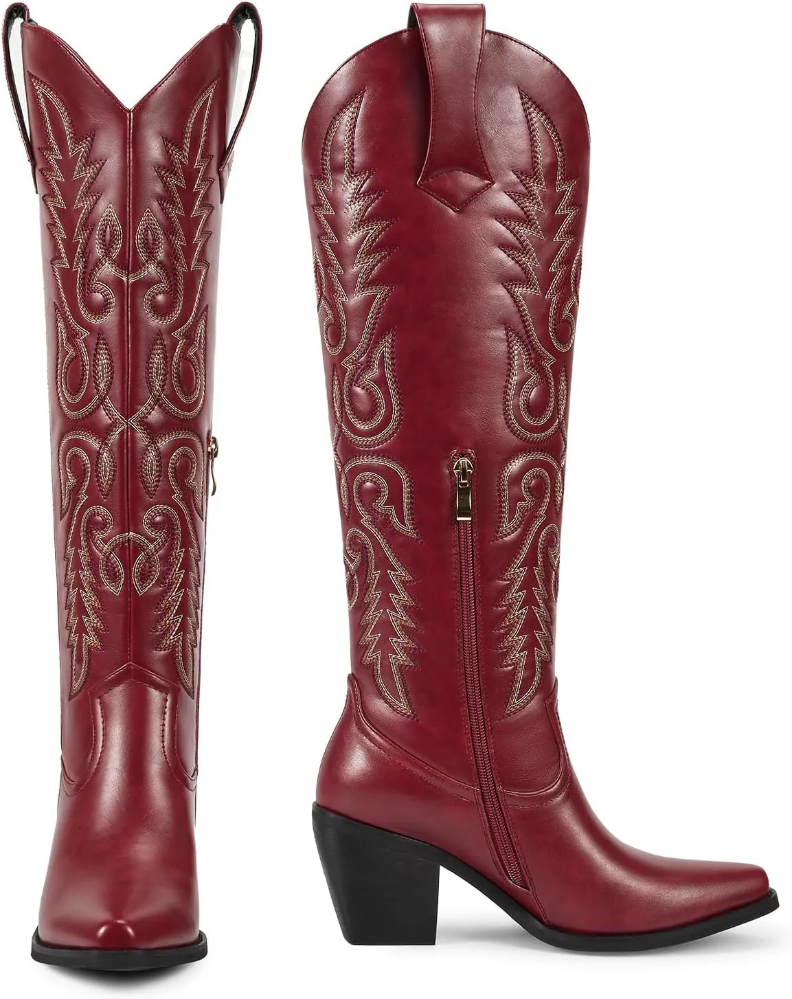wetkiss Womens Cowboy Boots Side Zipper Ladies Cowgirl Knee High Boots,Comfortable Retro Tall Vintage Embroidery Pointed Toe Block Chunky Heel