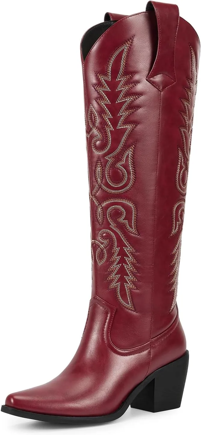 wetkiss Womens Cowboy Boots Side Zipper Ladies Cowgirl Knee High Boots,Comfortable Retro Tall Vintage Embroidery Pointed Toe Block Chunky Heel
